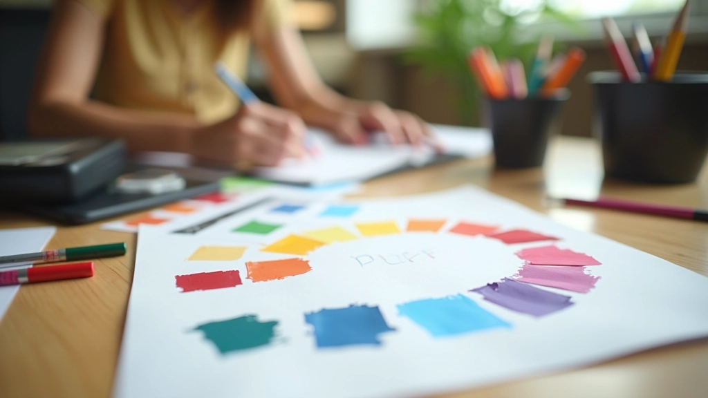 Color wheel and paint swatches arranged on a designer's workspace