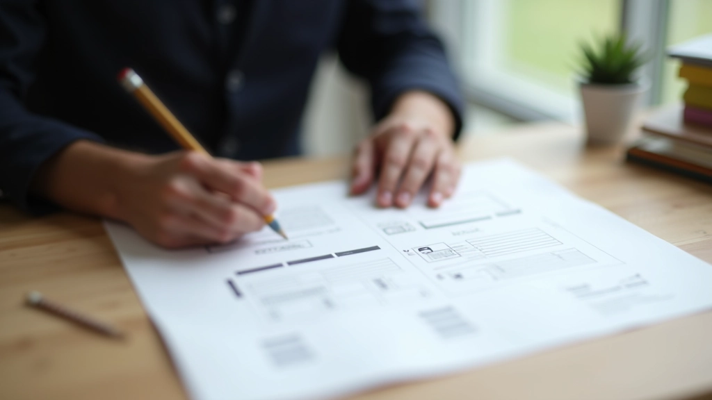 Designer sketching wireframes and layout grids on paper with ruler and pencil