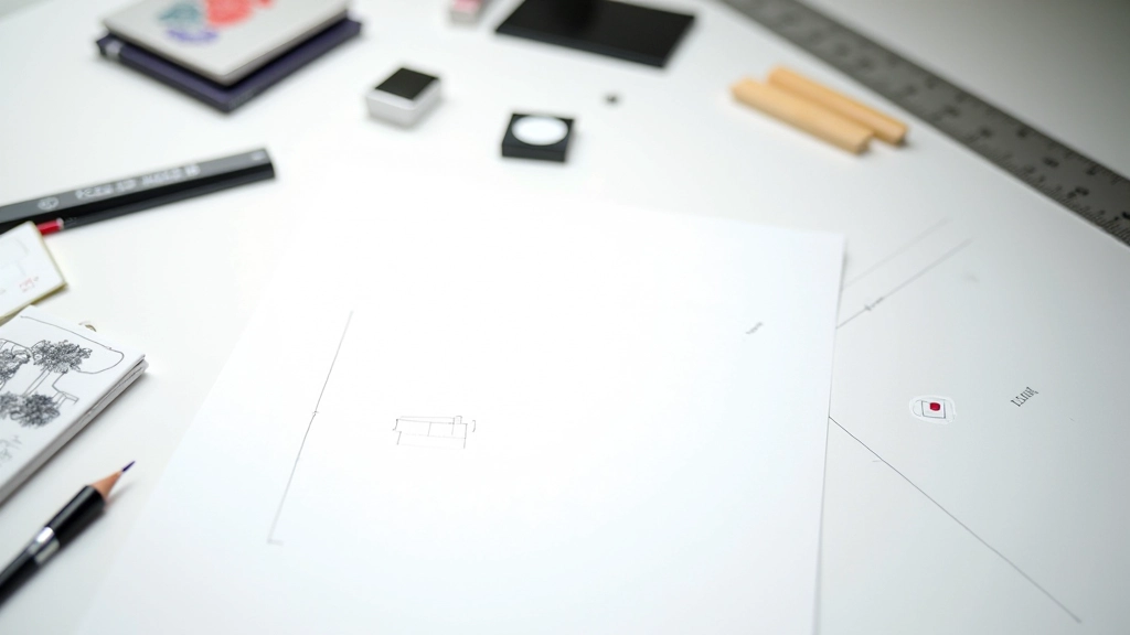 Layout grid and compositional sketches on designer's workspace with tools