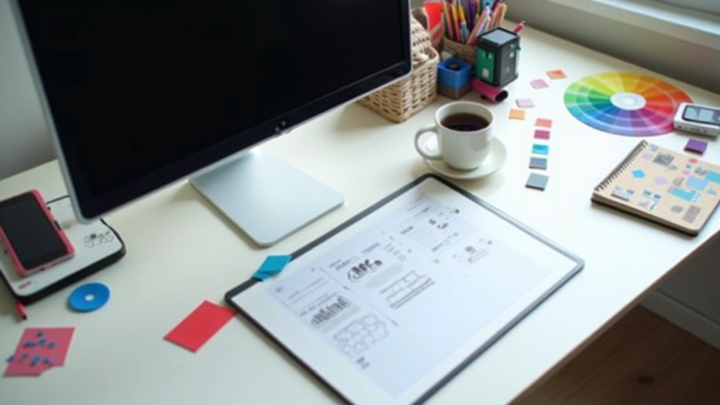 Organized design workspace showing computer setup with design tools, color palette references, and creative materials arranged on wooden desk